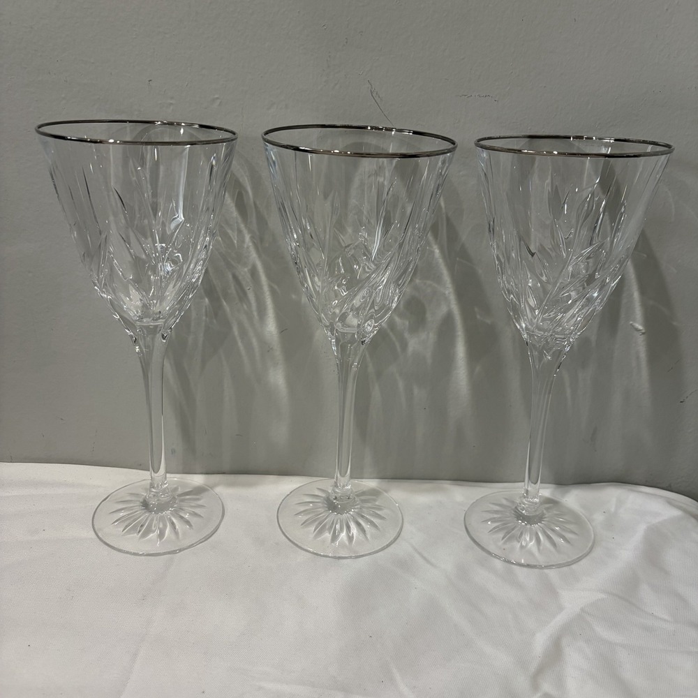 Cristal D'Arques-Durand Cassandra‎ Silver Rim Water Goblet Crystal Glasses Set 3